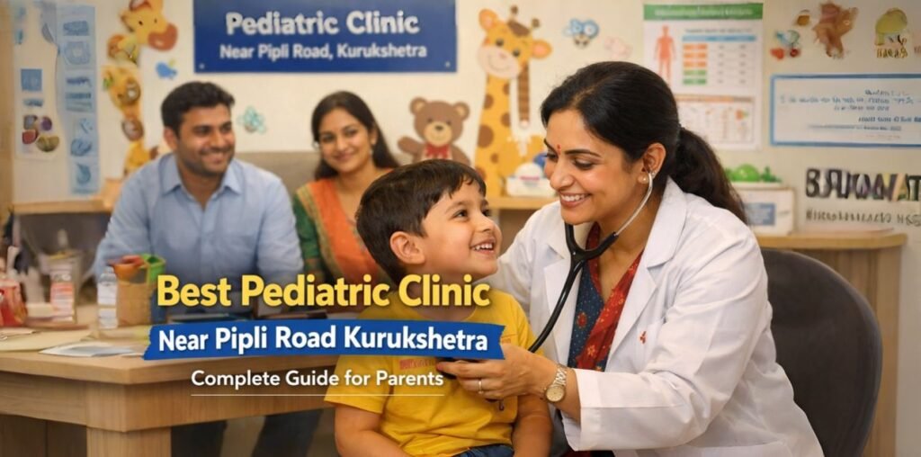 Best pediatric clinic near Pipli Road Kurukshetra showing doctor examining child with parents in friendly clinic environment