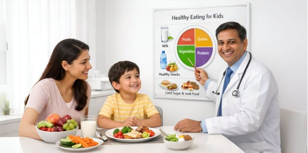 Child Nutrition Tips: pediatric doctor explaining healthy eating chart to mother and child with nutritious food on table in a clean white clinical setting